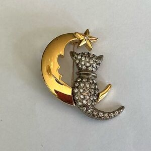 Vintage Gold and Silver Cat Moon Brooch